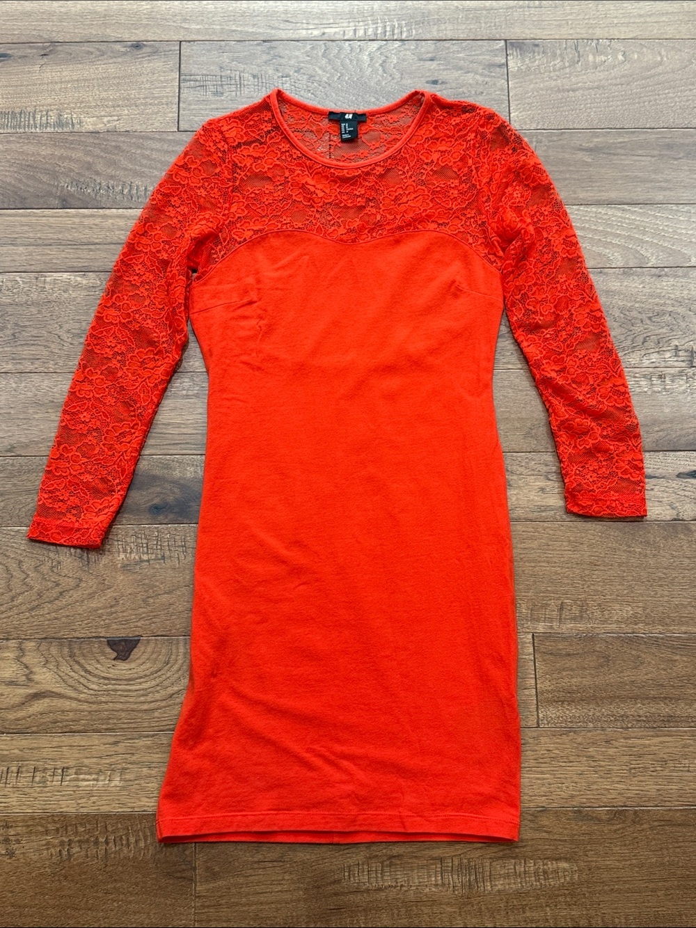 H&M Women’s Long-Sleeve Cotton Lace Vibrant Orange Bodycon Dress - Size M
